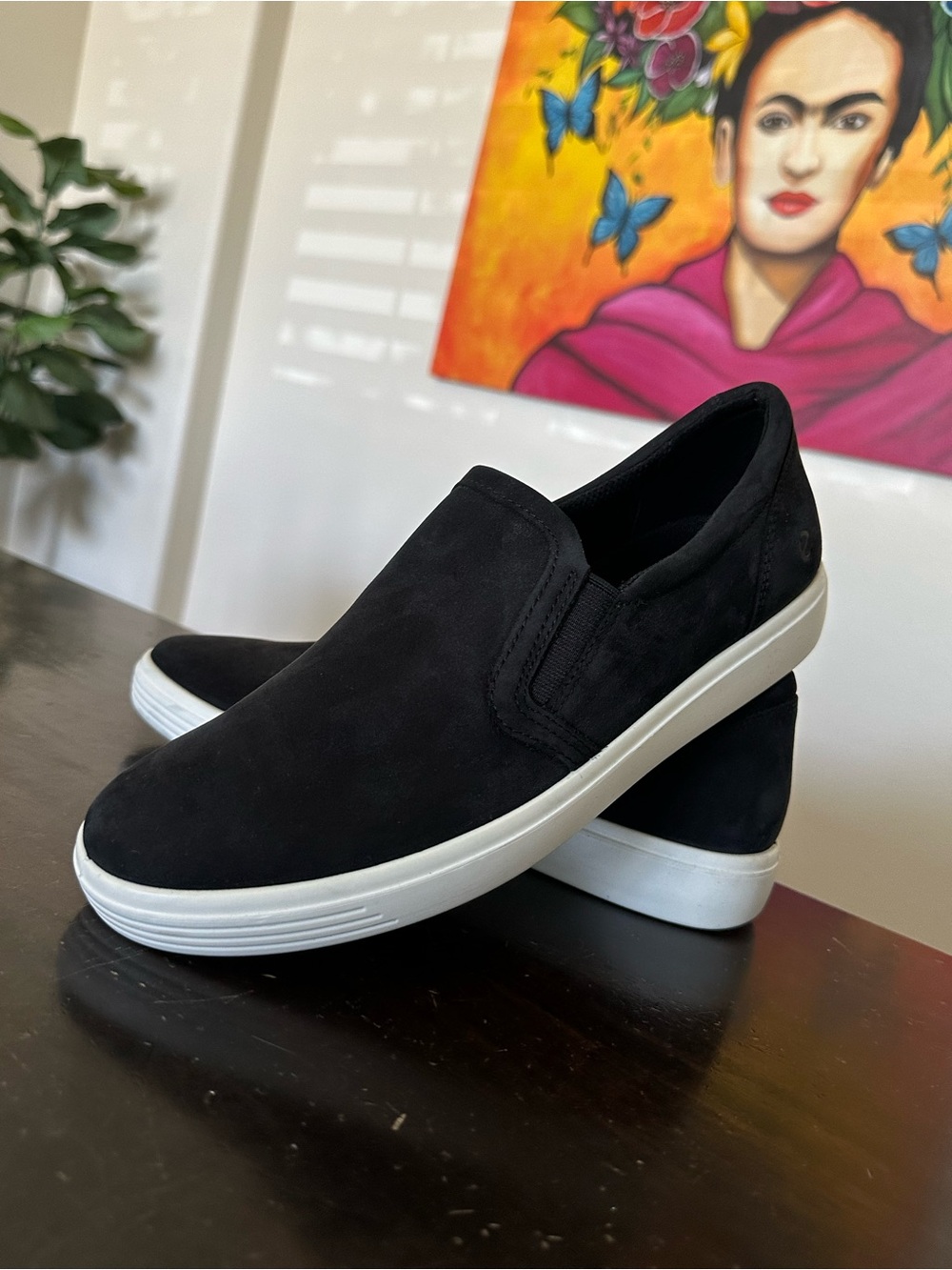 Ecco Women's Black Slip-On Suede Flats with White Sole